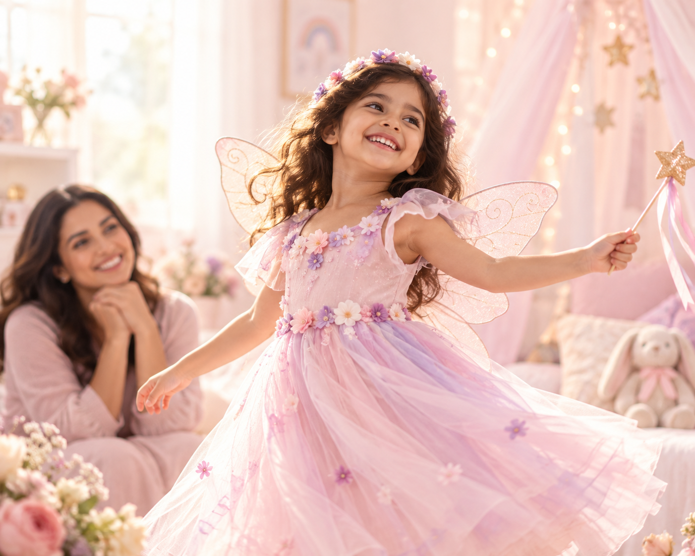 Happy child enjoying imaginative dress-up and creative play with her mother