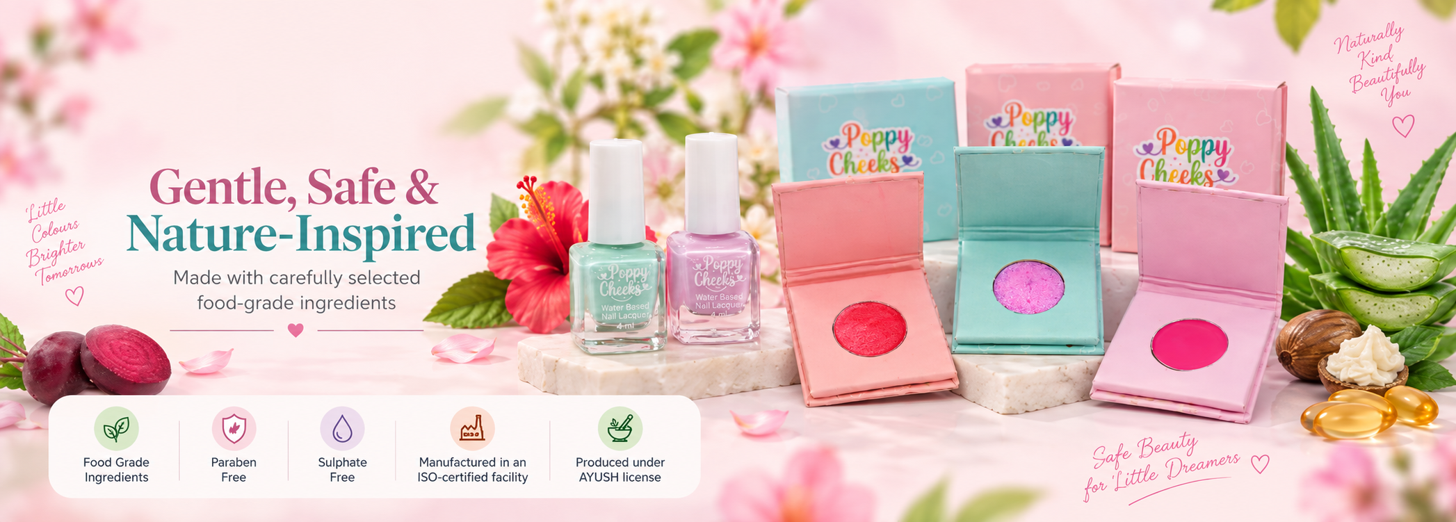 Poppy Cheeks children's cosmetics featuring the Dreamland Beauty Kit, Rosy Pink Blush, Fairy Pink Eyeshadow, Mermaid Blue Eyeshadow, Pastel Pink Nail Paint and Aqua Mist Nail Paint with child-friendly product benefits