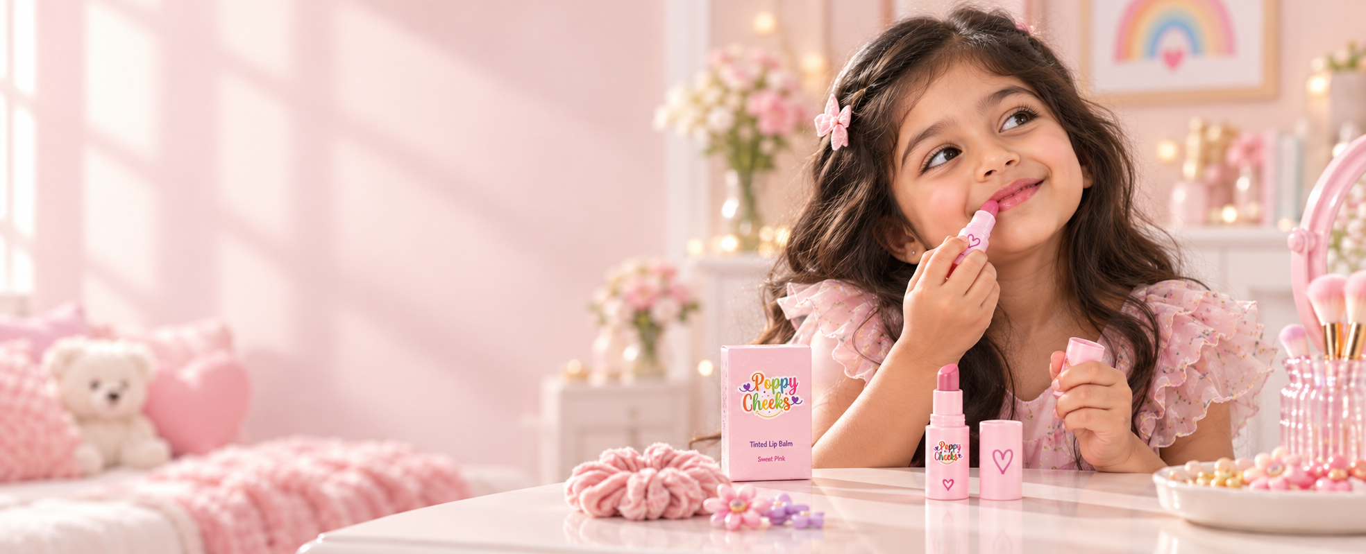 Child applying a gentle lip product with children's lip cosmetics