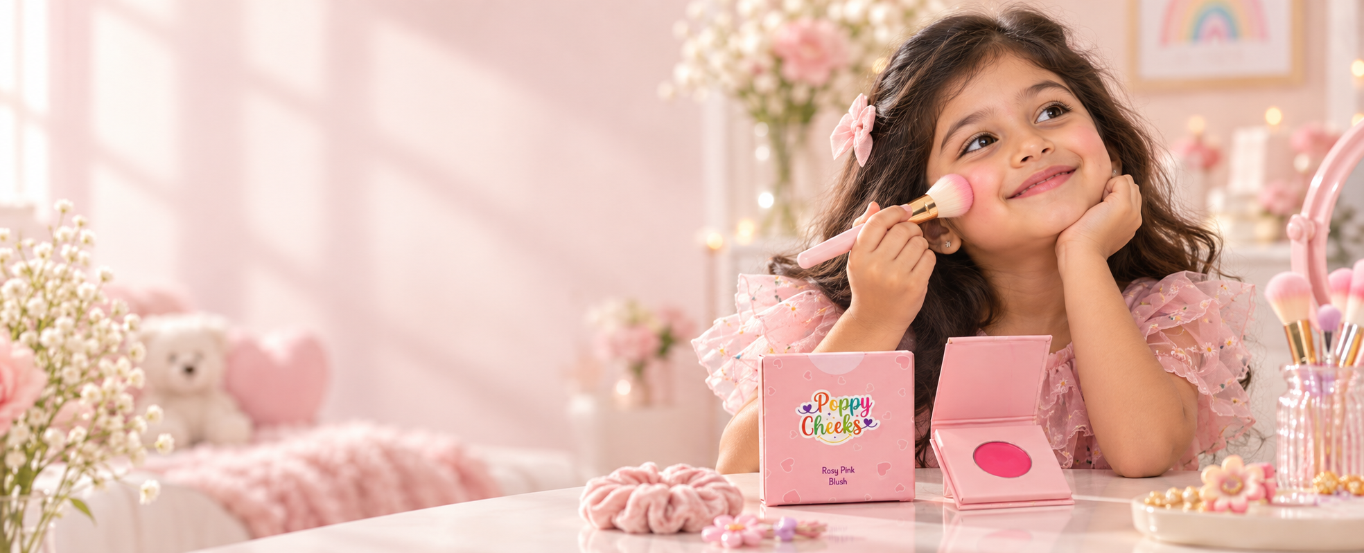 Child gently applying face makeup with blush and face cosmetics