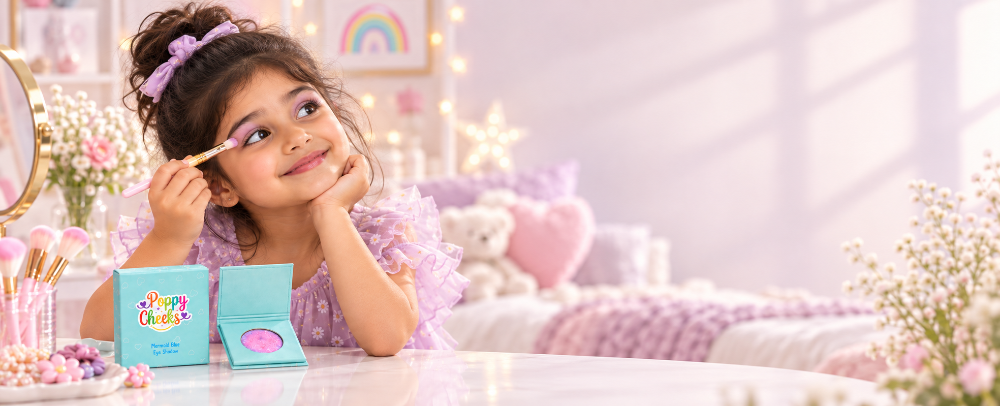 Child applying colourful pastel eyeshadow with children's eye makeup